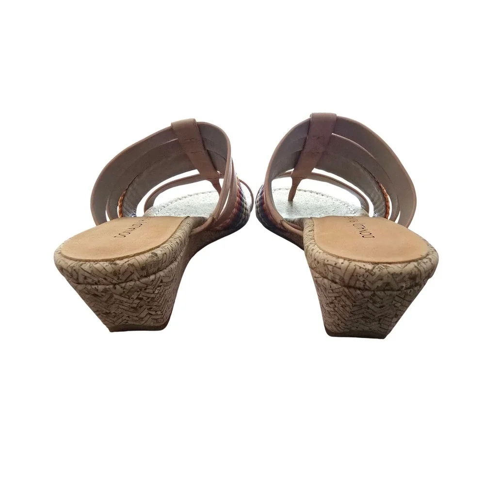 Donald Pliner Womens 7.5M Tan Multi Color Woven Leather Cork Wedge Sandals Italy